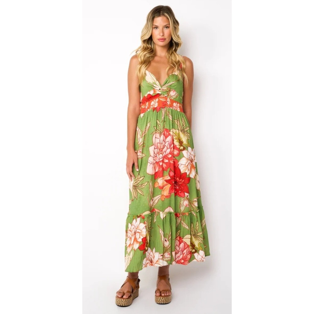 Z&L Europe Flora Maxi Dress S Green Floral Twist Front Tropical Boho Resort Chic